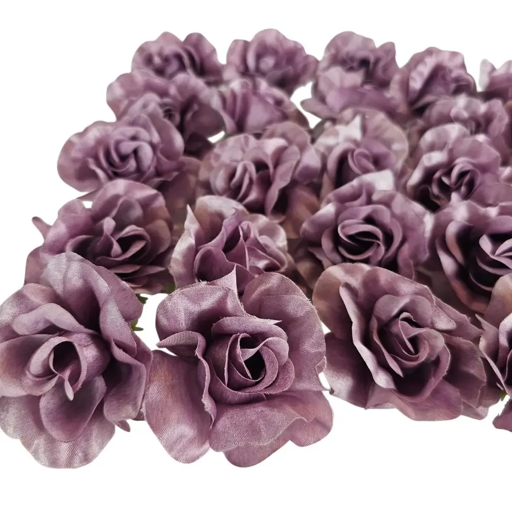 25 Plum Purple Satin Rose Heads Stemless Wedding Floral Craft DIY 2.5in
